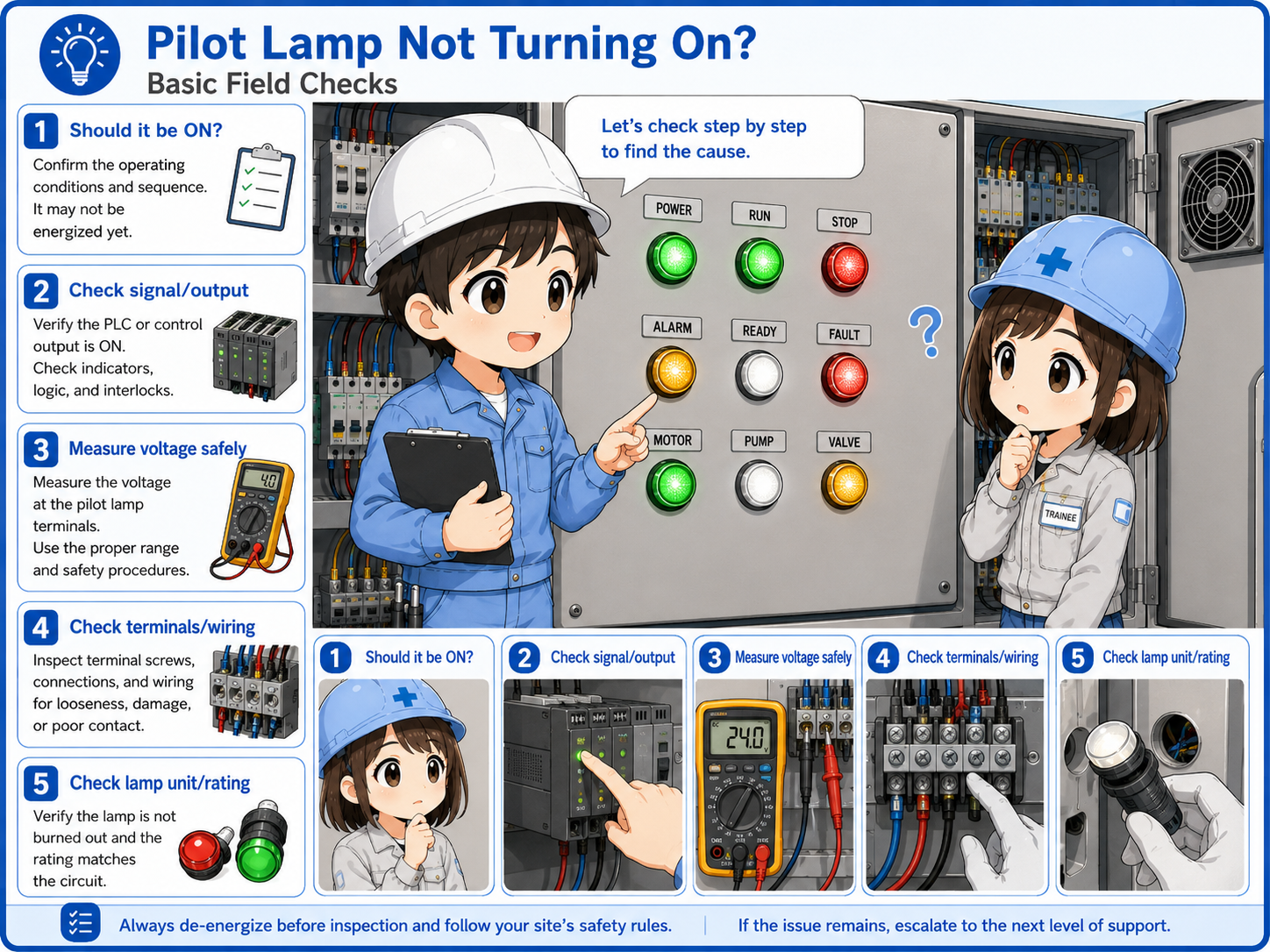 Field check flow for a pilot lamp that does not turn on including condition, output, voltage, terminal, and lamp unit