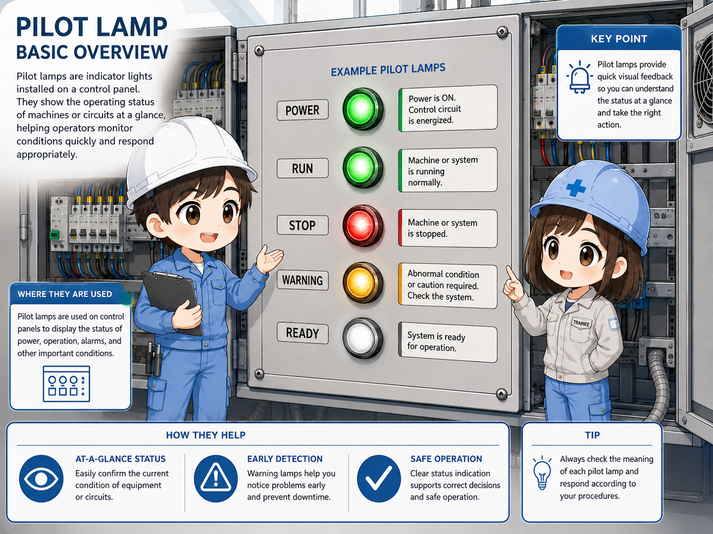 Overview of pilot lamps showing control panel status such as power, run, stop, warning, and fault