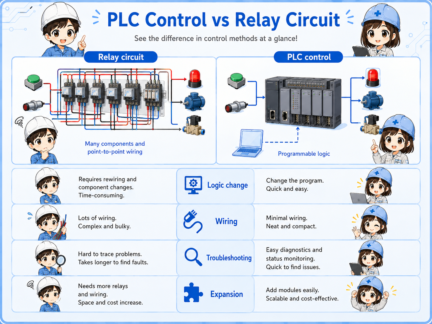 Comparison diagram of relay circuit wiring and PLC program logic