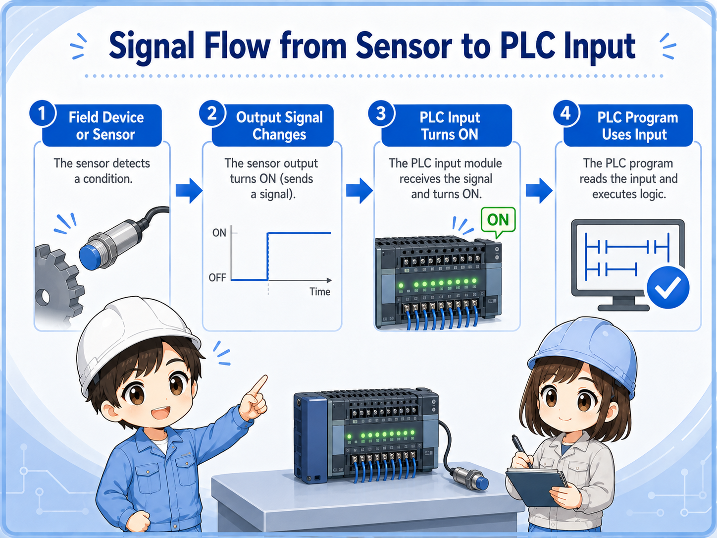 Signal flow from a field sensor through wiring to a PLC input and PLC program