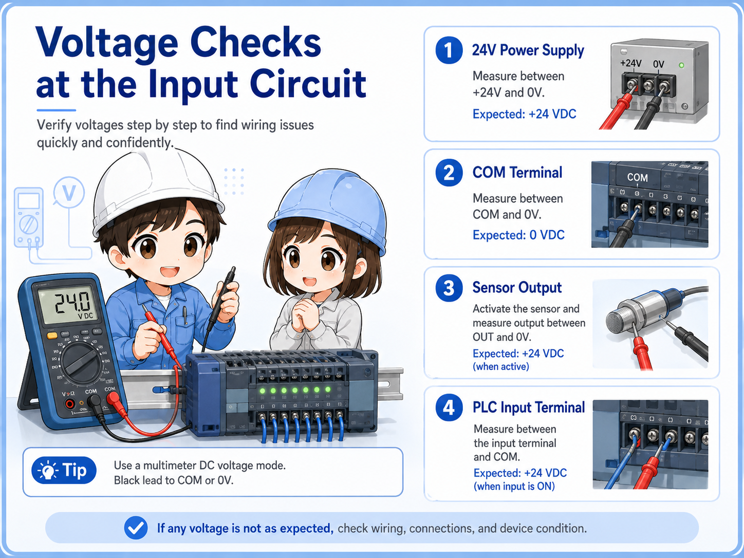 Voltage check points for PLC input troubleshooting including 24V power, COM, sensor output, and PLC input terminal