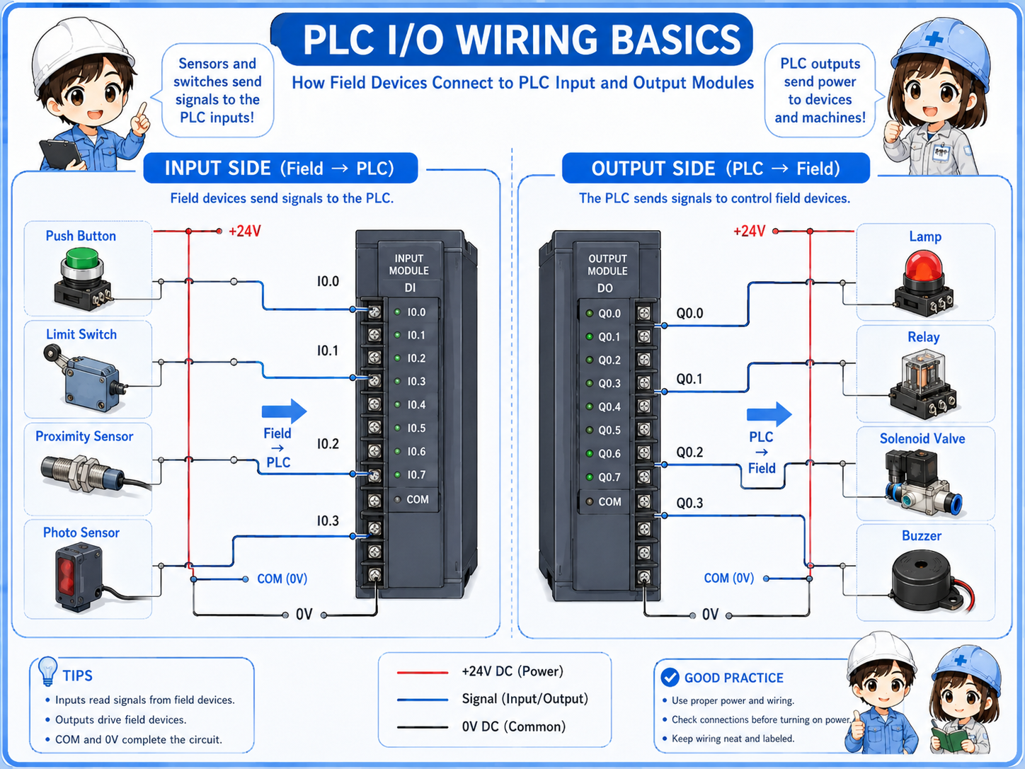 Diagram showing field device wiring to PLC input module and output module, including sensors, push buttons, lamps, relays, and solenoid valves