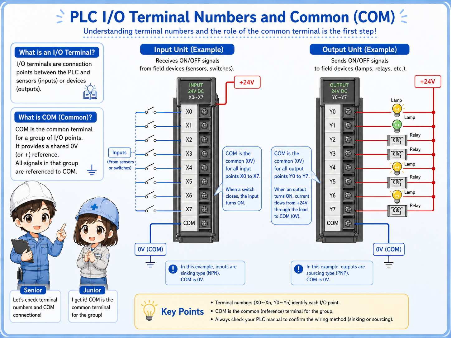 Diagram explaining PLC I/O terminal numbers, common terminals, +24V, 0V, input terminals, and output terminals