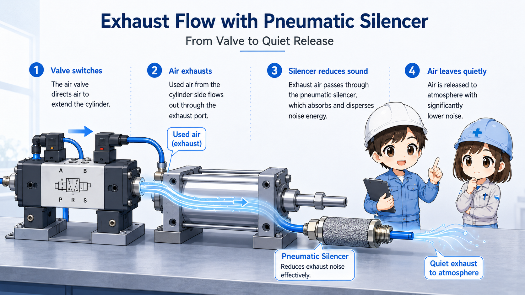 Exhaust air flow from a pneumatic valve through a silencer to atmosphere