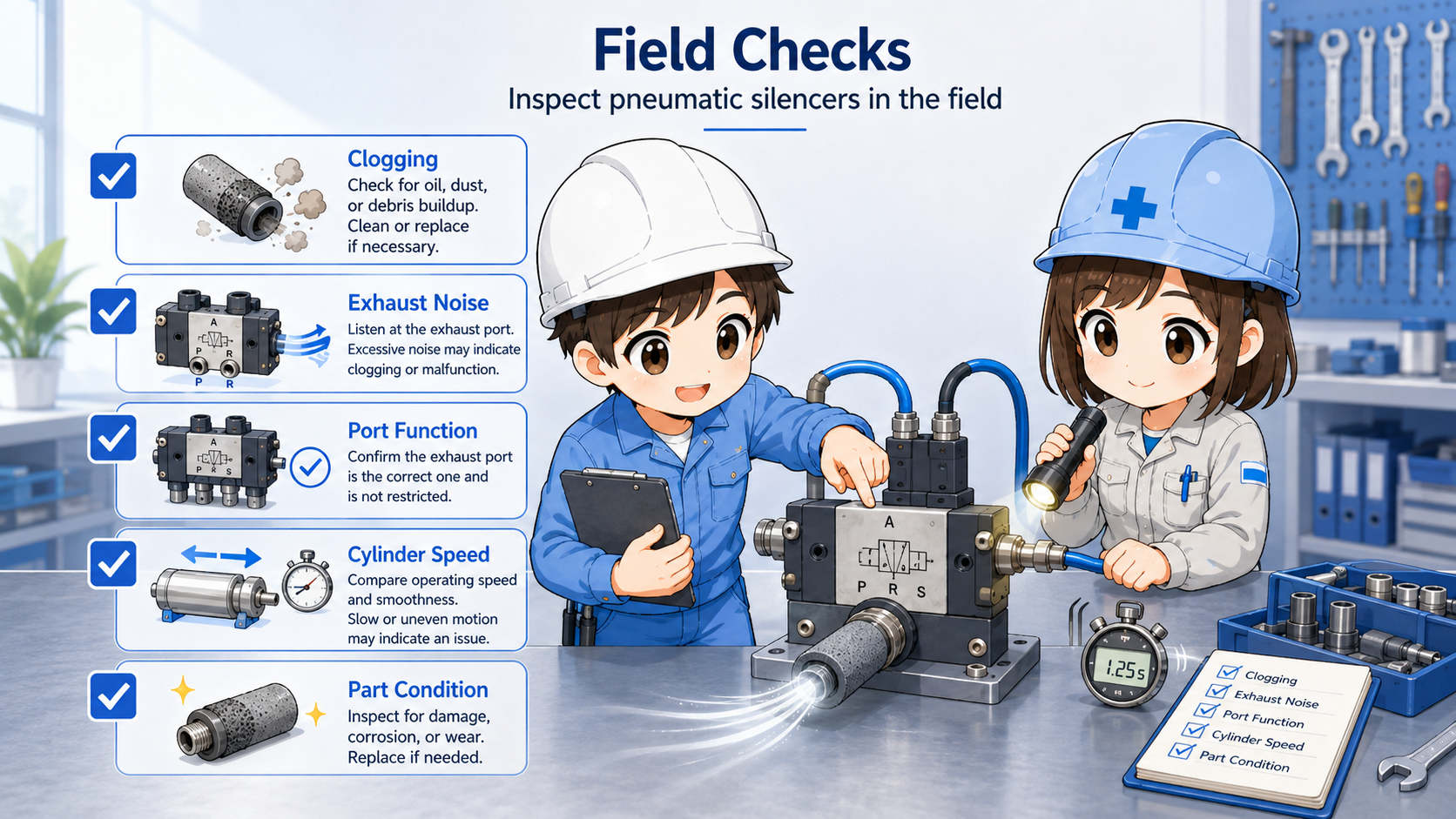 Field checklist for pneumatic silencers including clogging exhaust noise mounting position and air flow