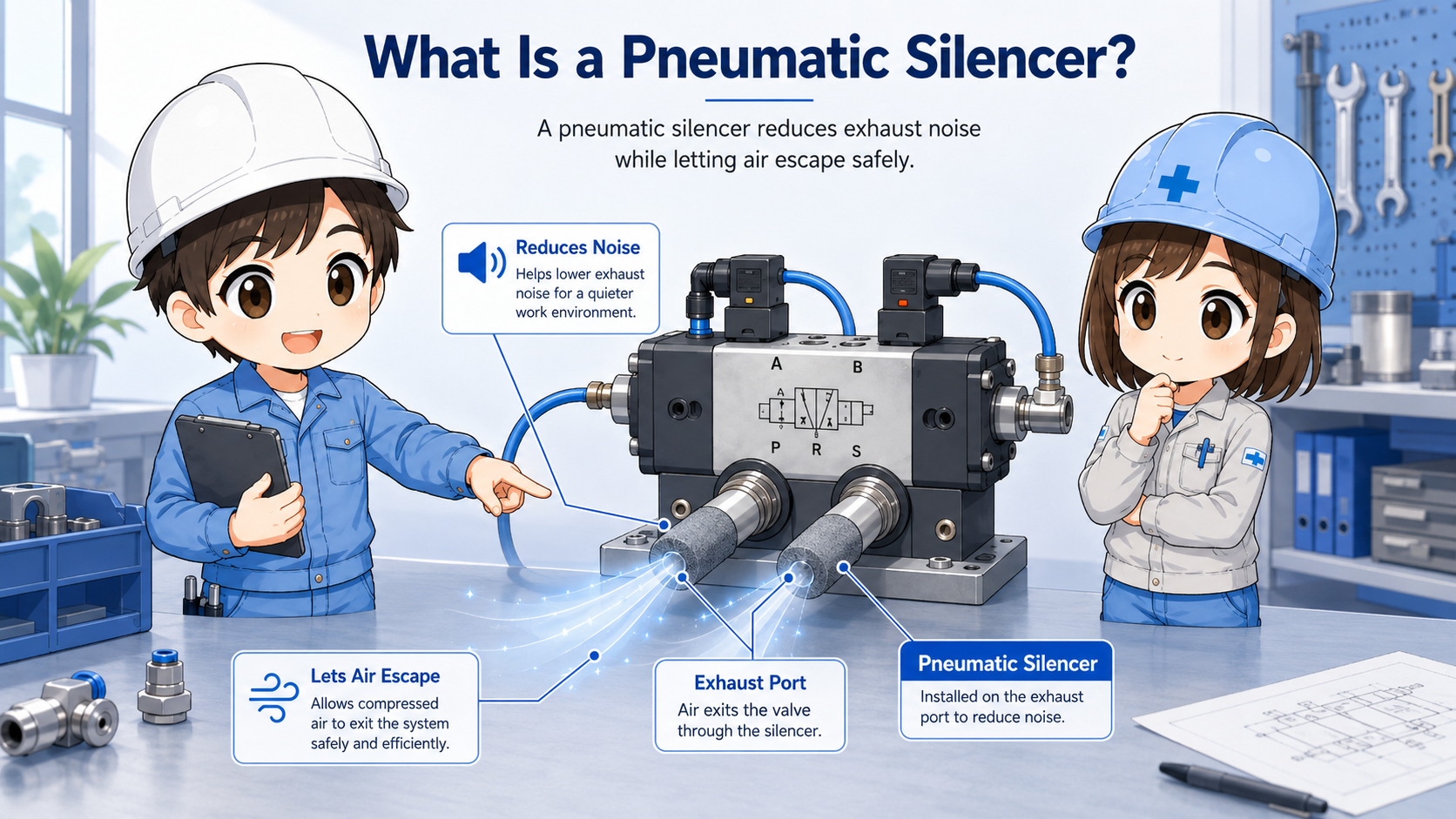 Overview of a pneumatic silencer attached to an air valve exhaust port