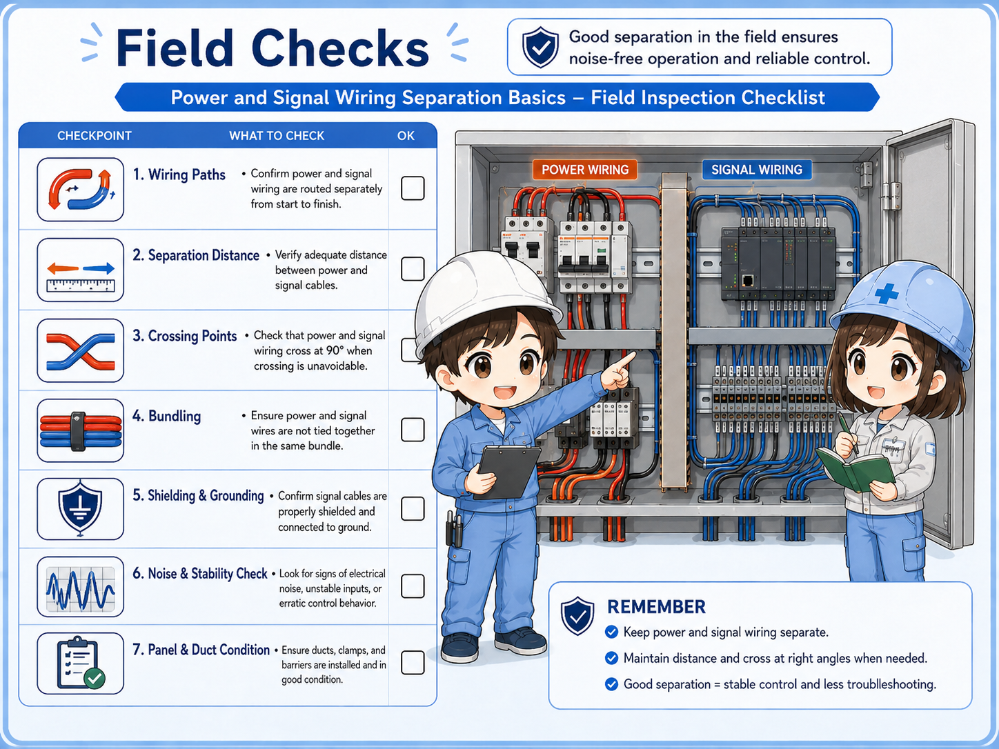 Field checklist for separating power wiring and signal wiring inside a control panel