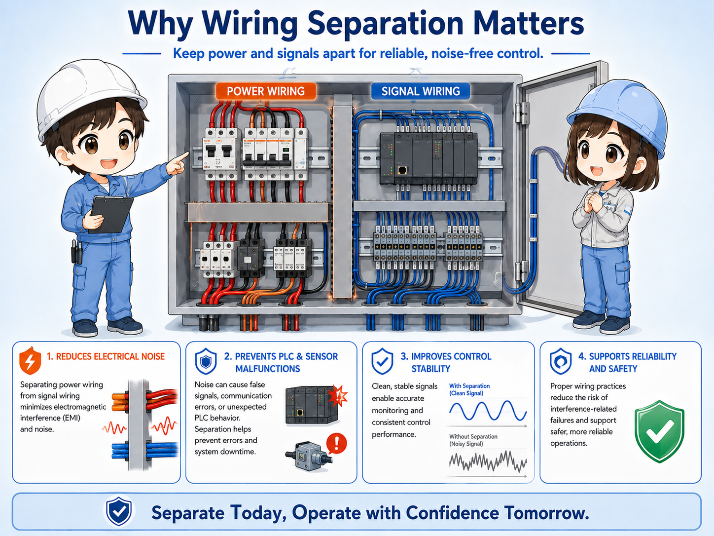 Overview of separating power wiring and signal wiring inside a control panel