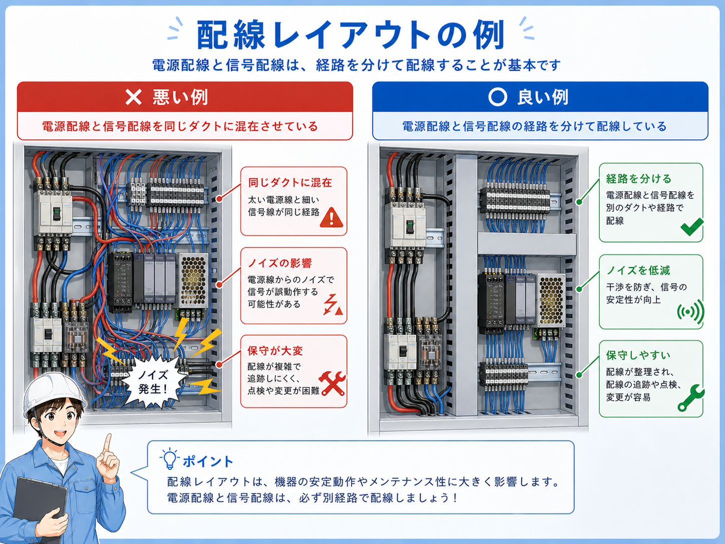 動力線と信号線を分けた場合と混在した場合の違いを比較した図
