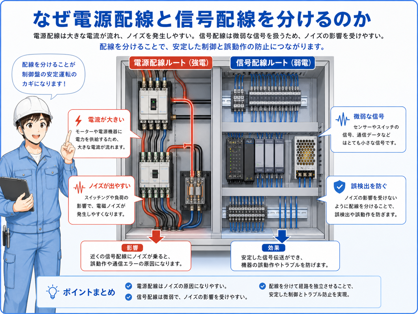 制御盤内で動力線と信号線を分けて配線する基本構成図