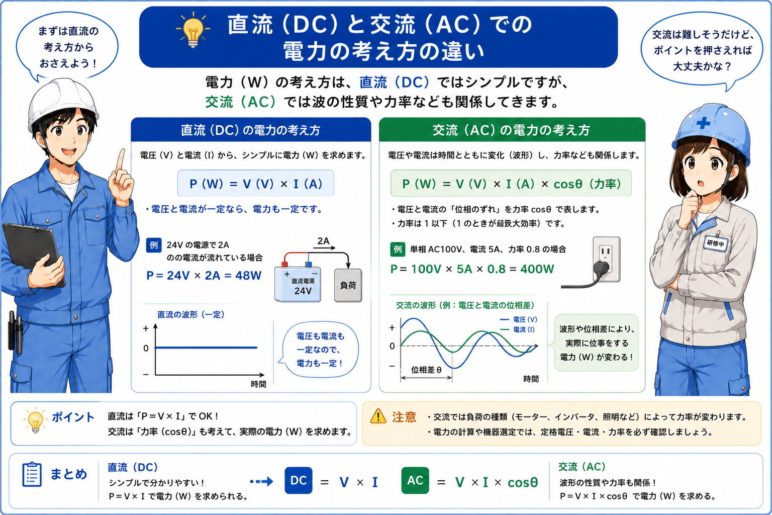 直流の基本式と交流で追加条件があることを比較する概念図