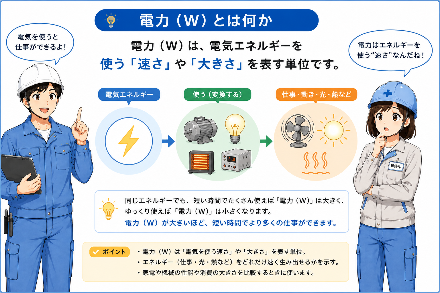 電圧V、電流A、電力Wの役割を分けて示す初心者向け概念図