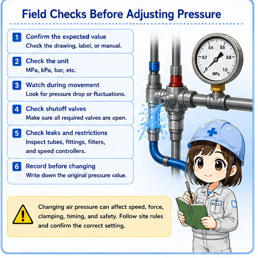 Field checklist for checking a pneumatic pressure gauge before adjusting pressure