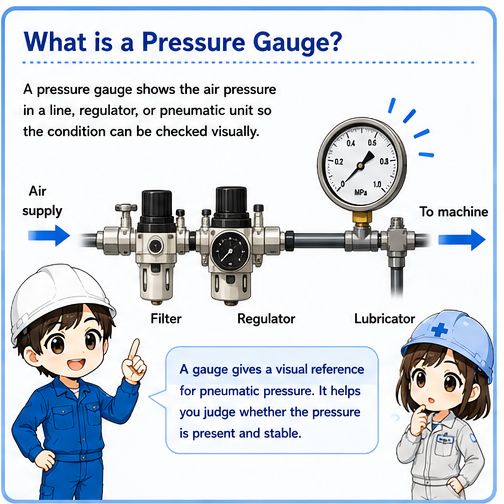 Overview of a pneumatic pressure gauge installed near an air regulator