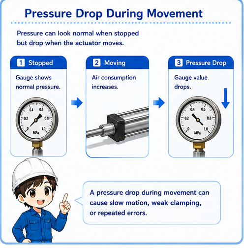 Pressure drop on a pneumatic gauge during air cylinder movement