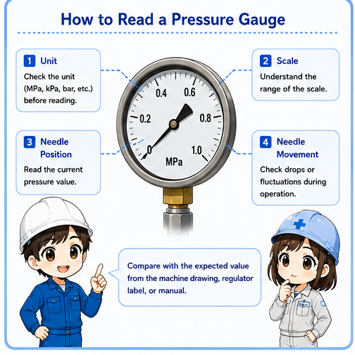 How to read a pneumatic pressure gauge including unit, scale, and needle position