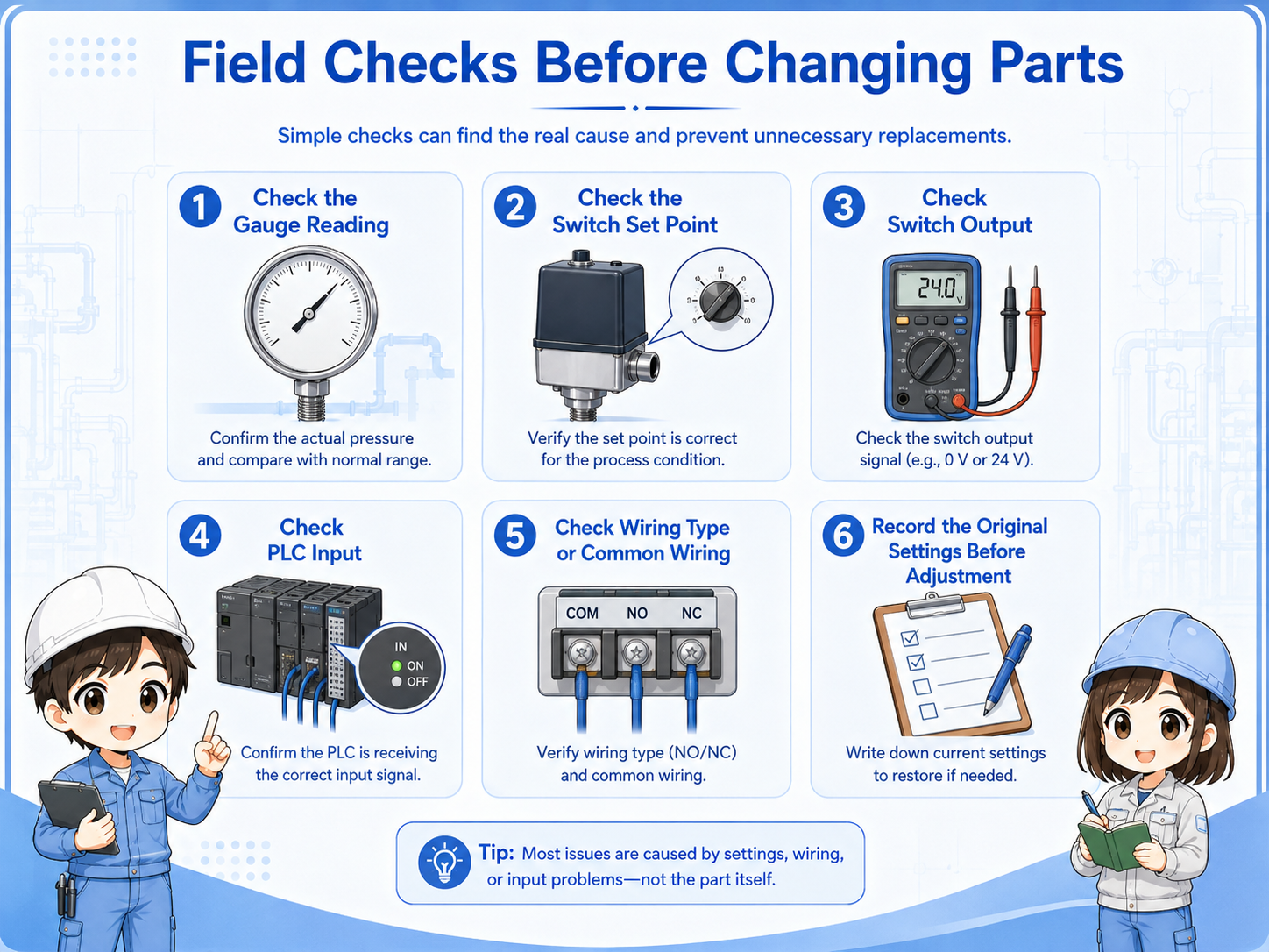 Field checklist for checking a pressure switch and pressure gauge before changing parts