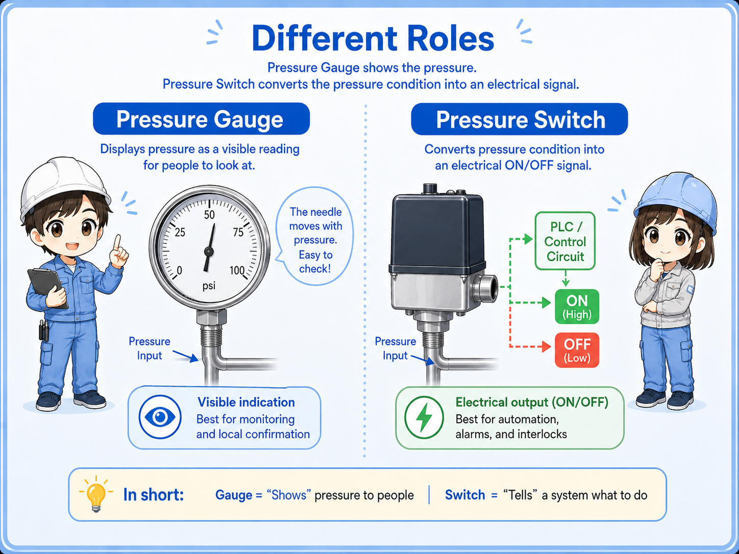 Overview comparing a pressure switch signal and a pressure gauge visual reading