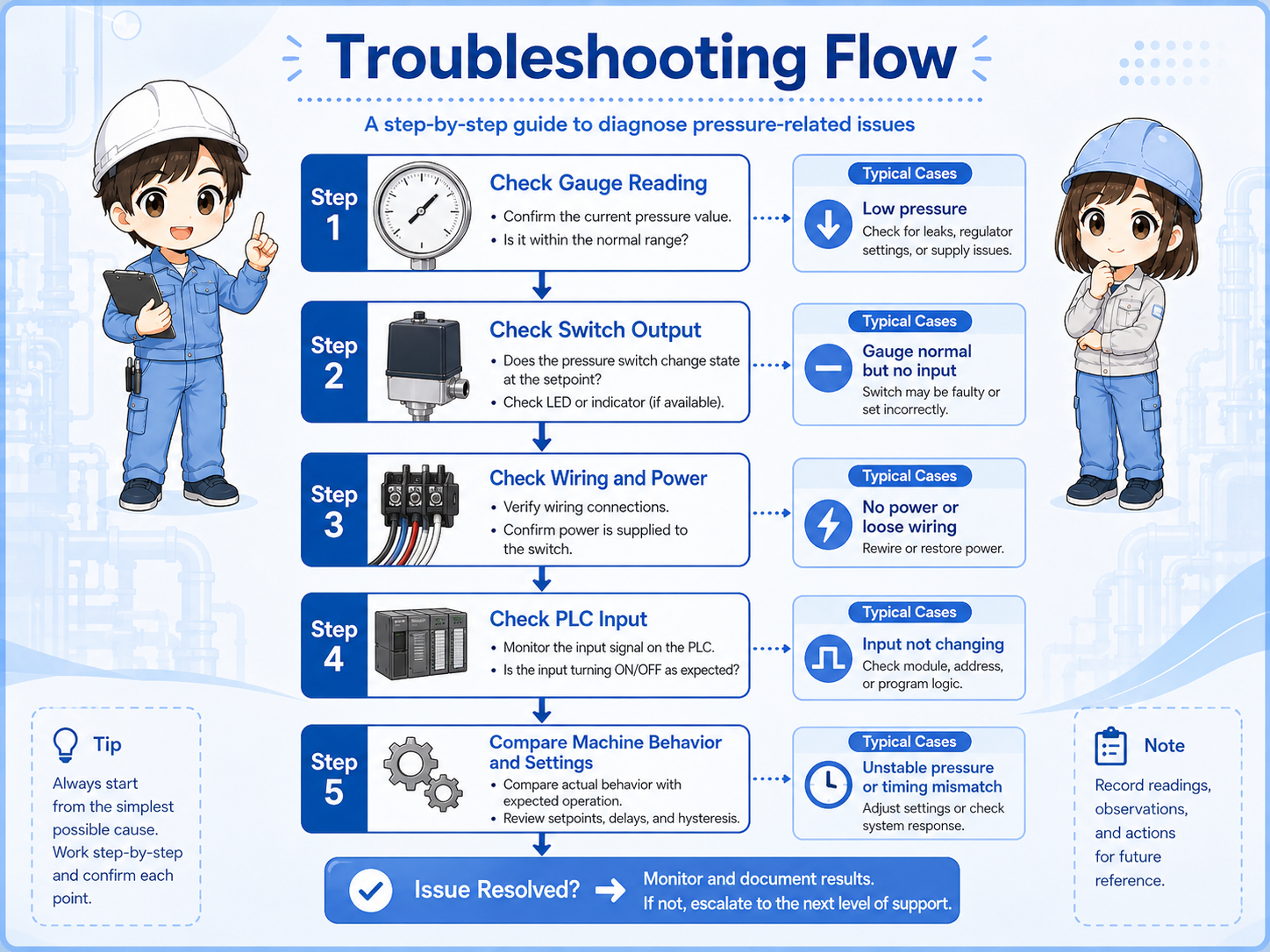 Troubleshooting flow comparing gauge reading, pressure switch output, wiring, and PLC input status