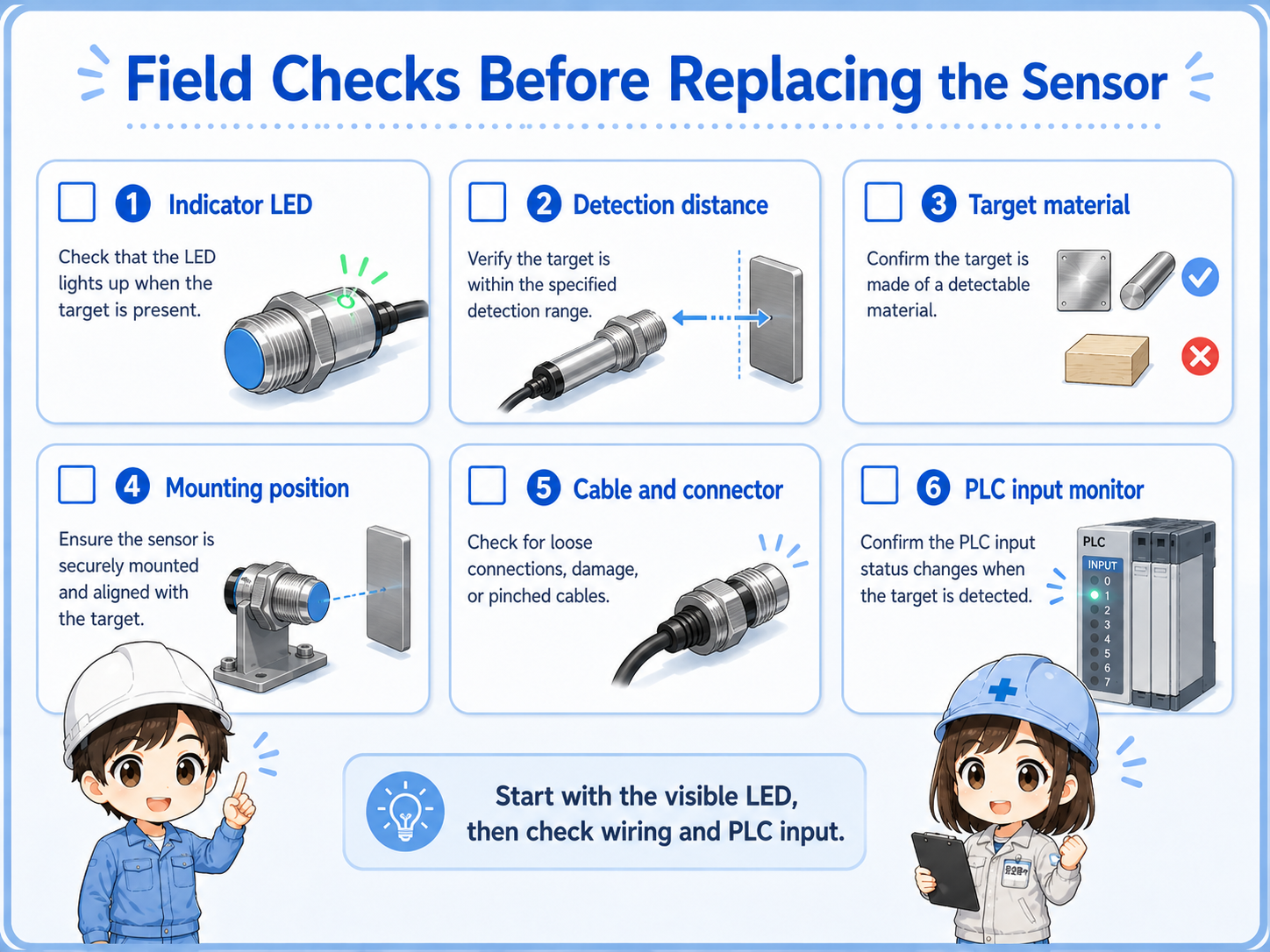 Practical field checks for proximity sensors including LED, distance, target material, mounting, cable, and PLC input