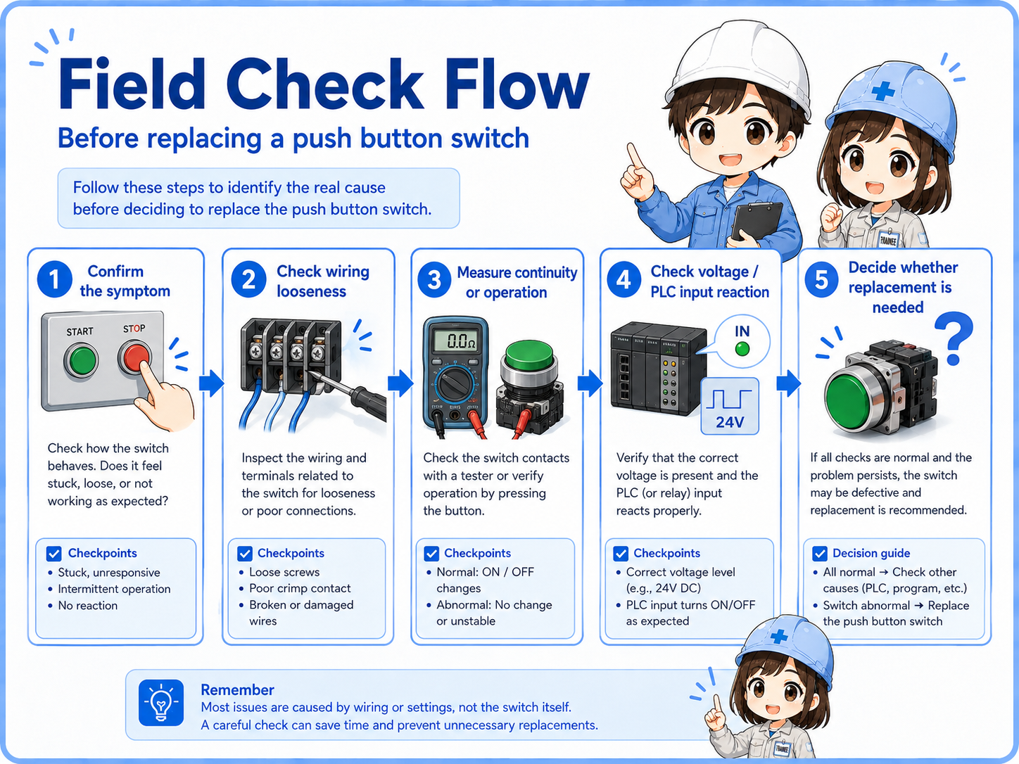 Field check flow before replacing a push button switch