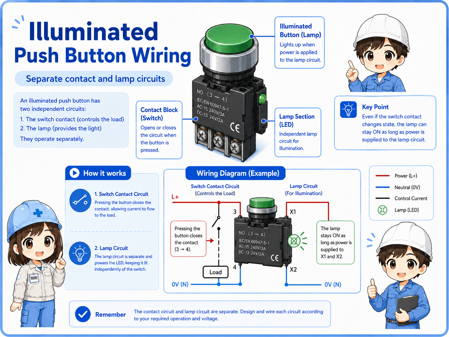 Diagram showing an illuminated push button with separate contact and lamp wiring