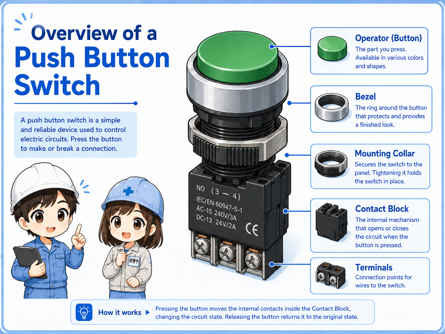 Overview diagram of a push button switch on a control panel connected to a PLC input