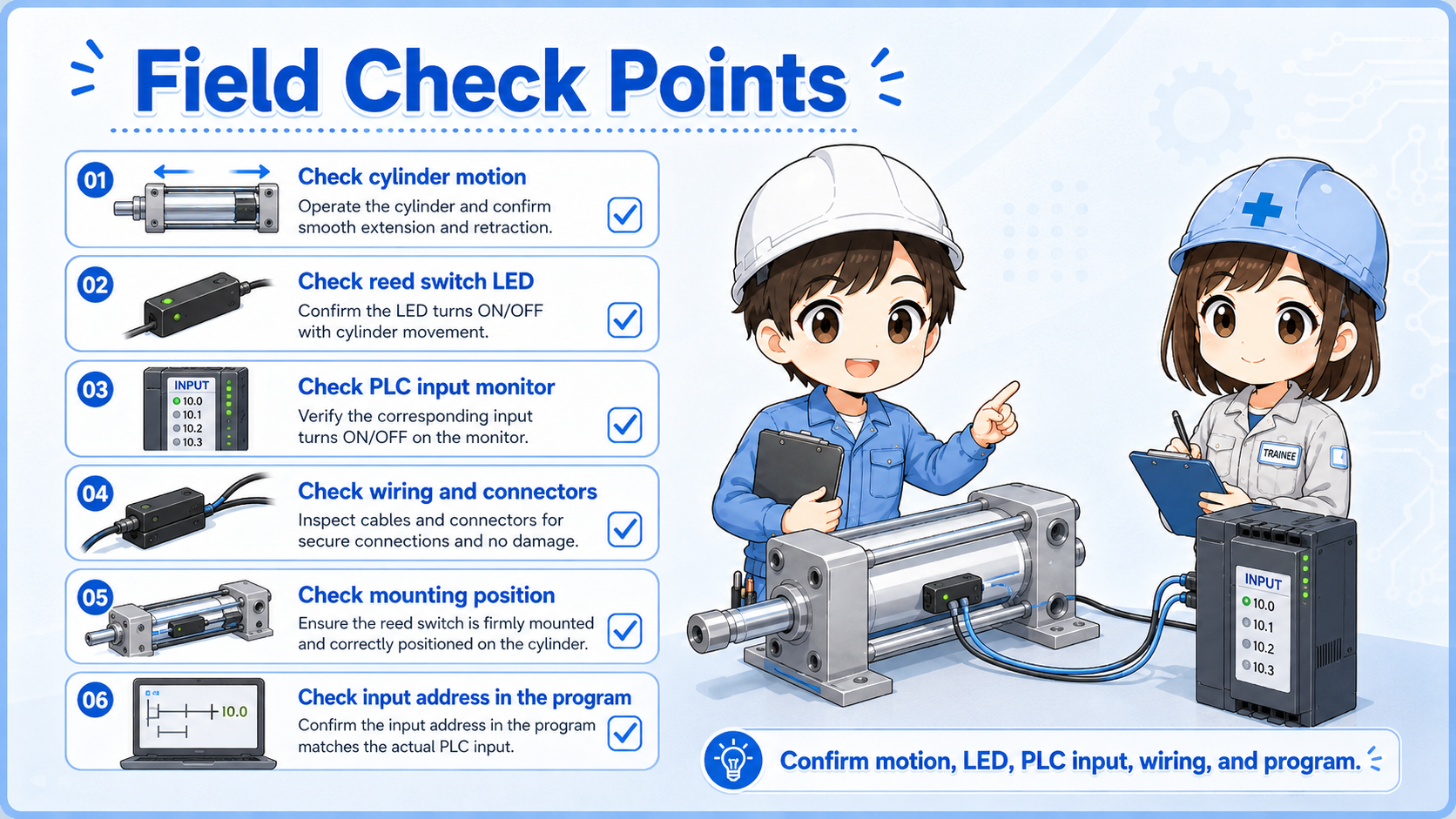 Field check points for reed switch and air cylinder position detection