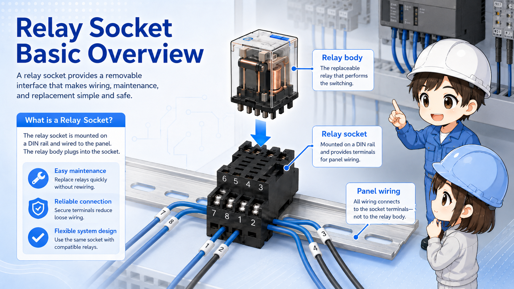 Relay plugged into a socket base inside a control panel
