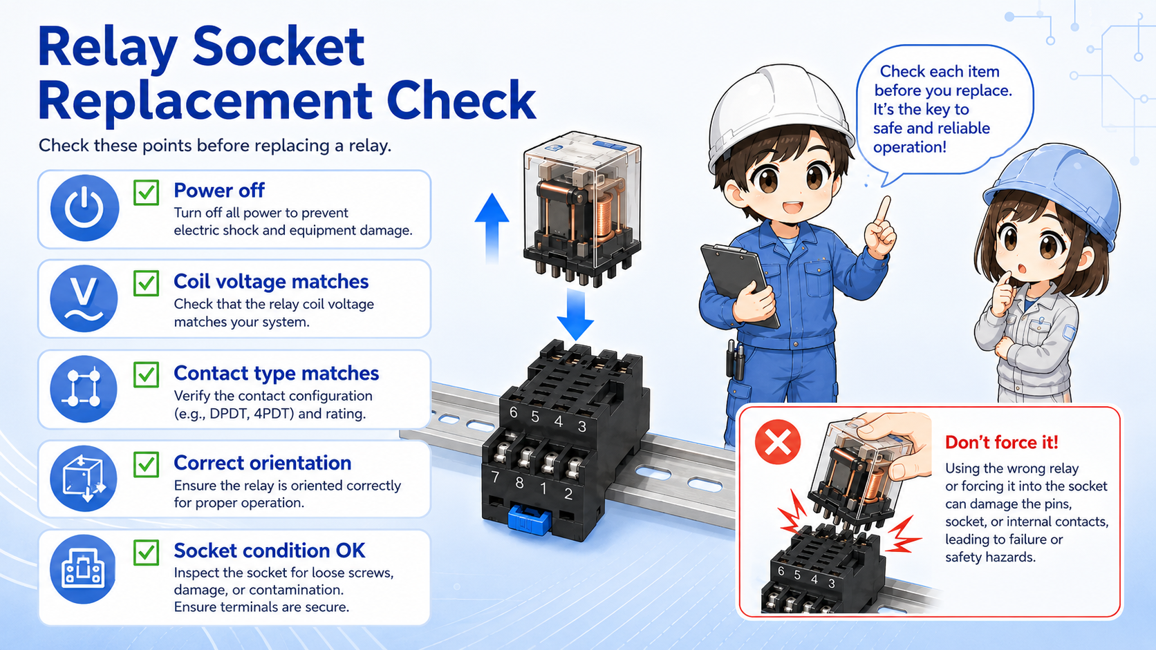 Checklist for replacing a relay in a socket: power off, coil voltage, contact type, orientation, terminal condition