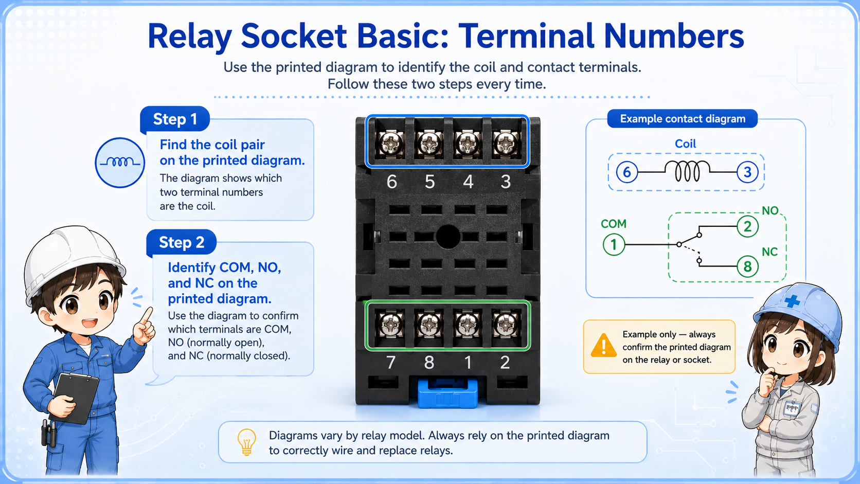 Relay socket terminal numbers with coil terminals and contact terminals highlighted
