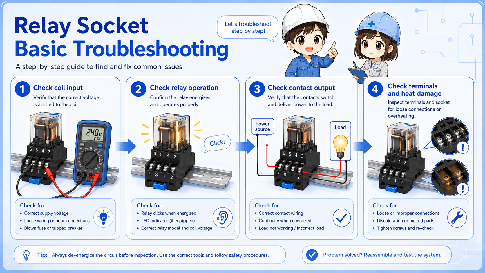 Troubleshooting relay socket by checking coil voltage, contact output, loose terminals, and relay orientation