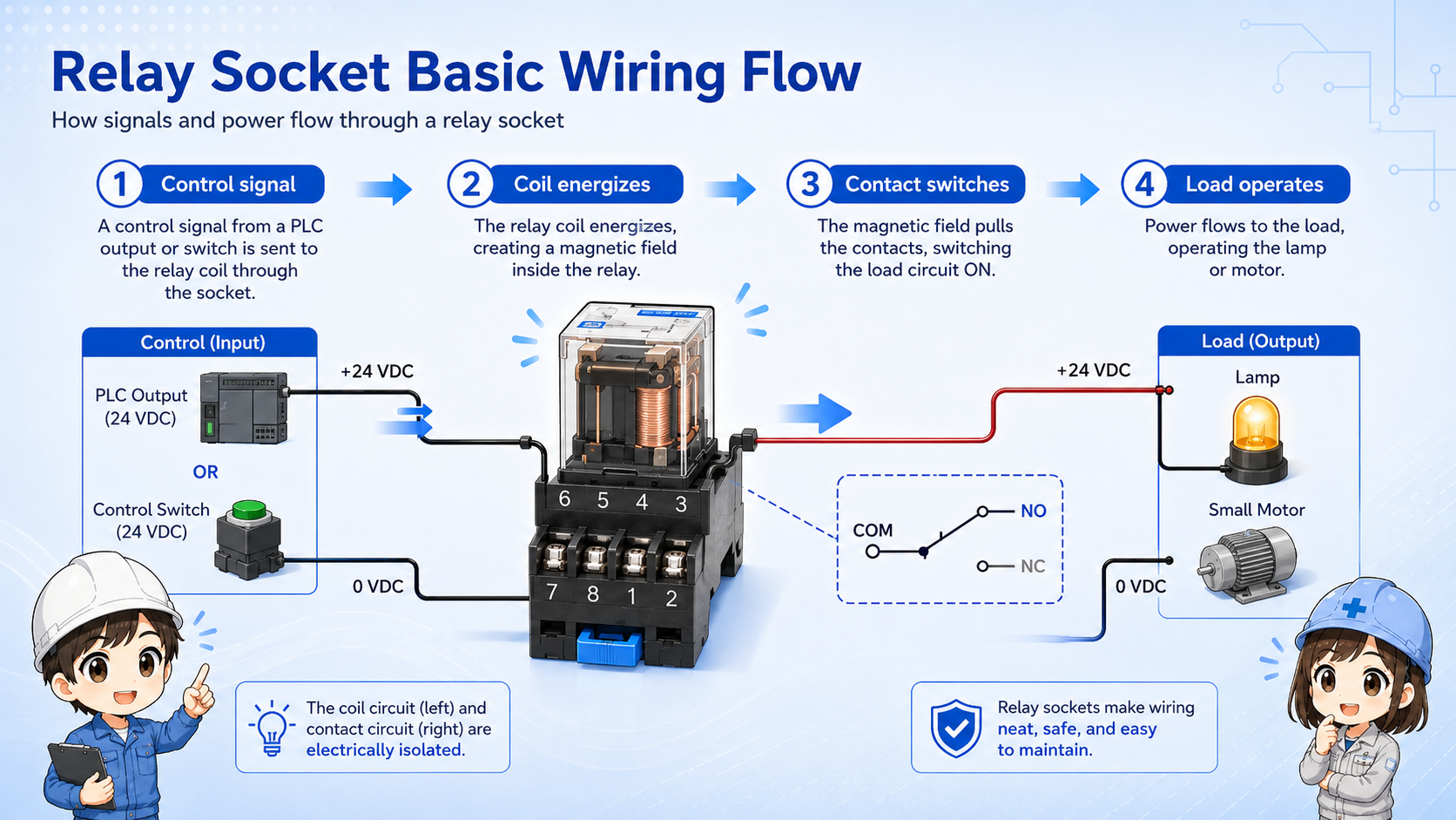 Control signal energizes relay coil and relay contact switches a load through the socket