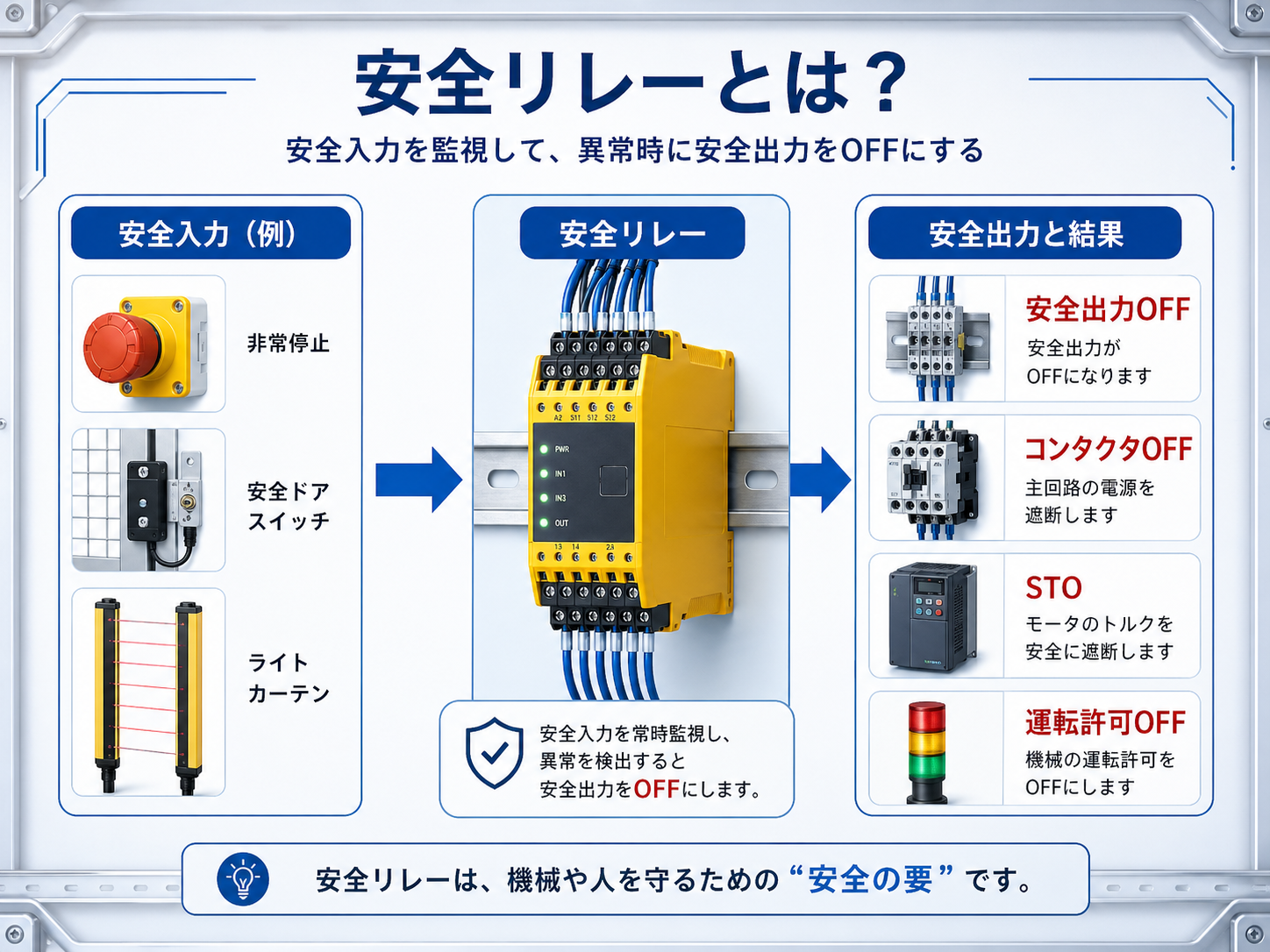 安全リレーが安全入力を監視して安全出力を制御する概要図