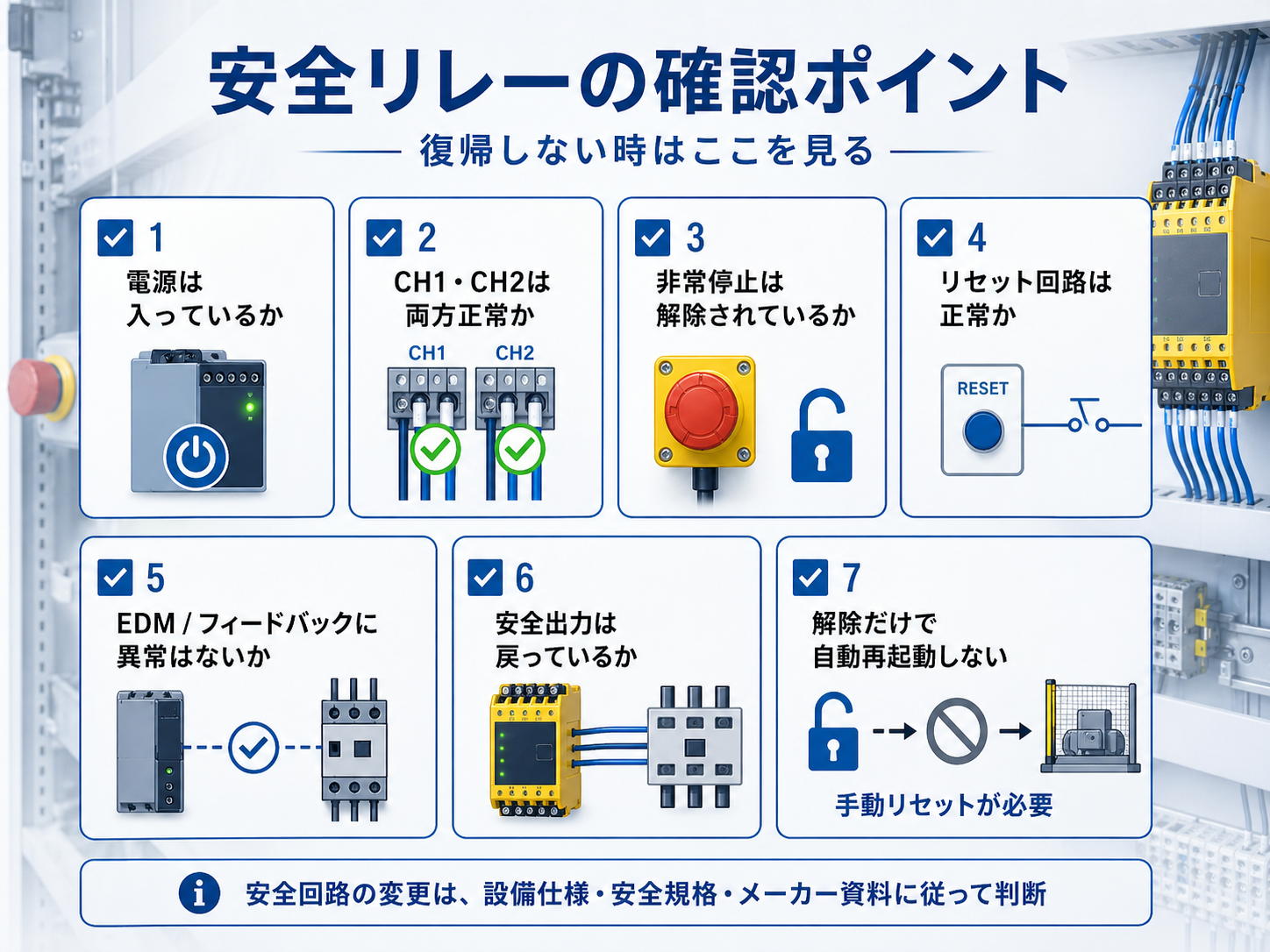 安全リレーのリセットとEDM確認ポイント