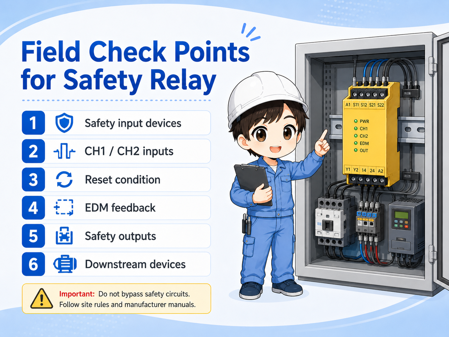 Field check points for a safety relay including inputs, reset, EDM, and outputs