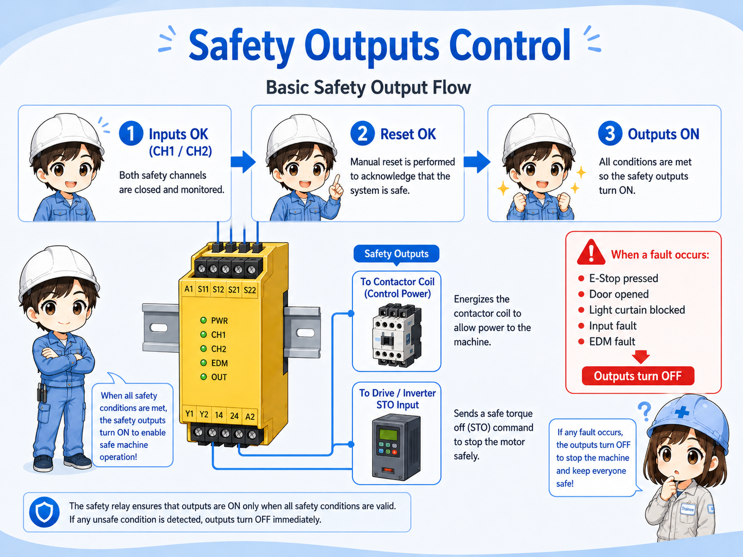 Safety relay output flow from inputs and reset to contactor or STO output