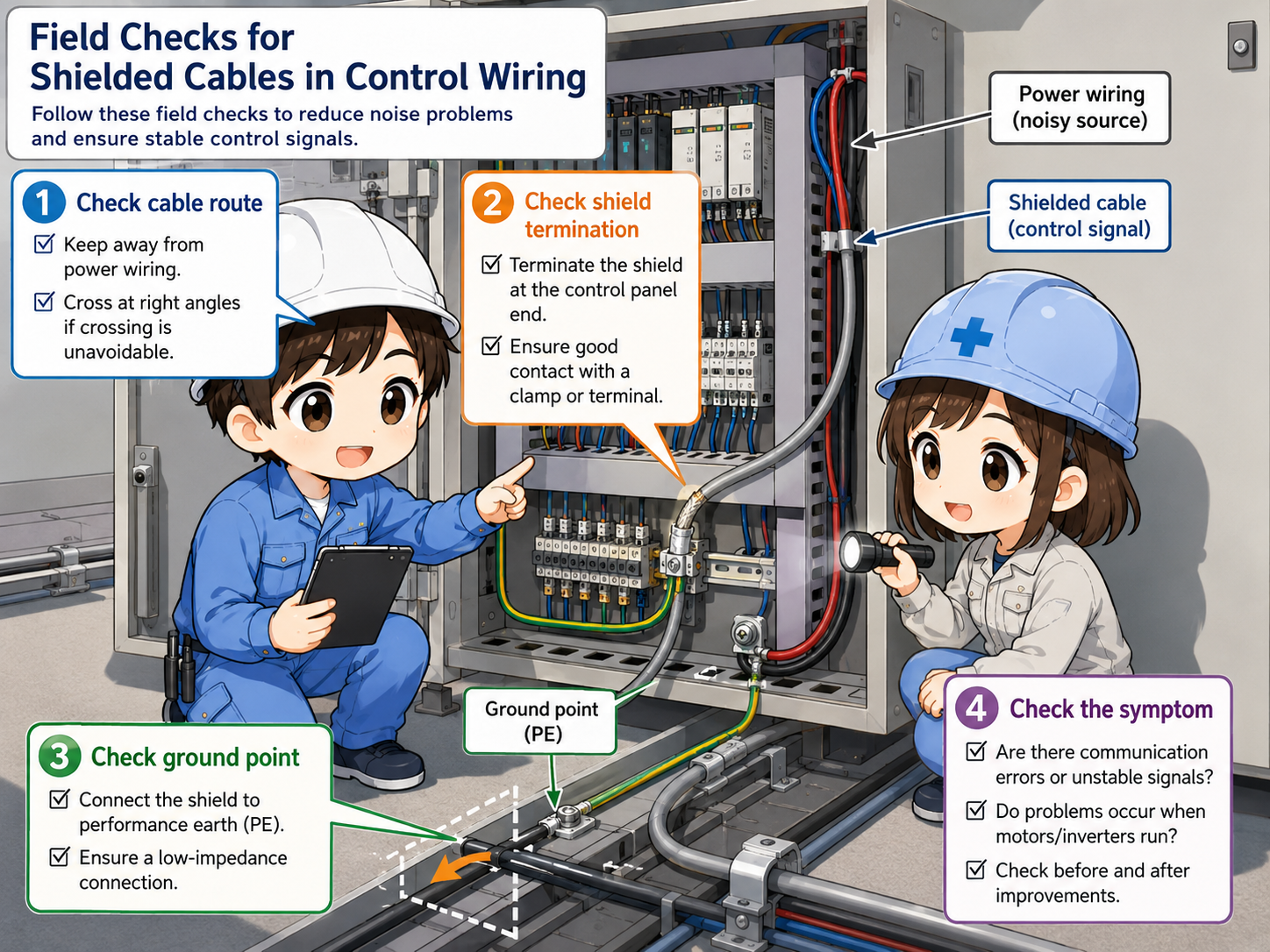 Field checklist for shielded cables including routing shield grounding terminal treatment and noise symptoms