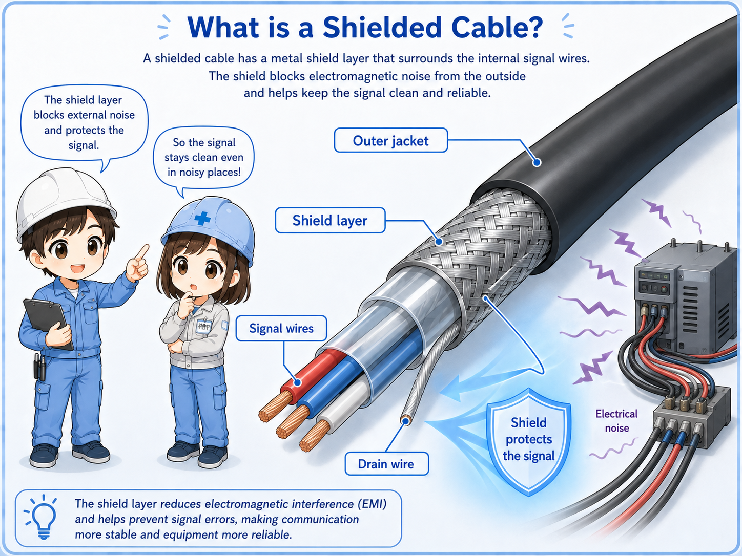 Overview of a shielded cable protecting sensitive control signals from electrical noise