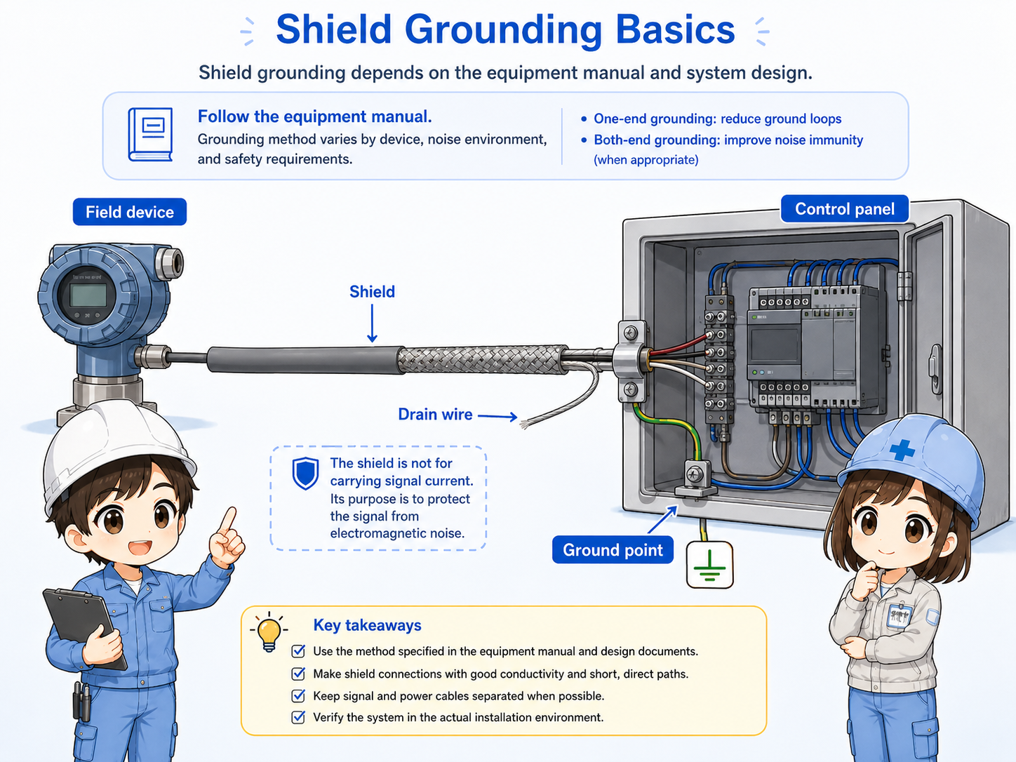 Shield grounding concept showing cable shield connection to a control panel ground point