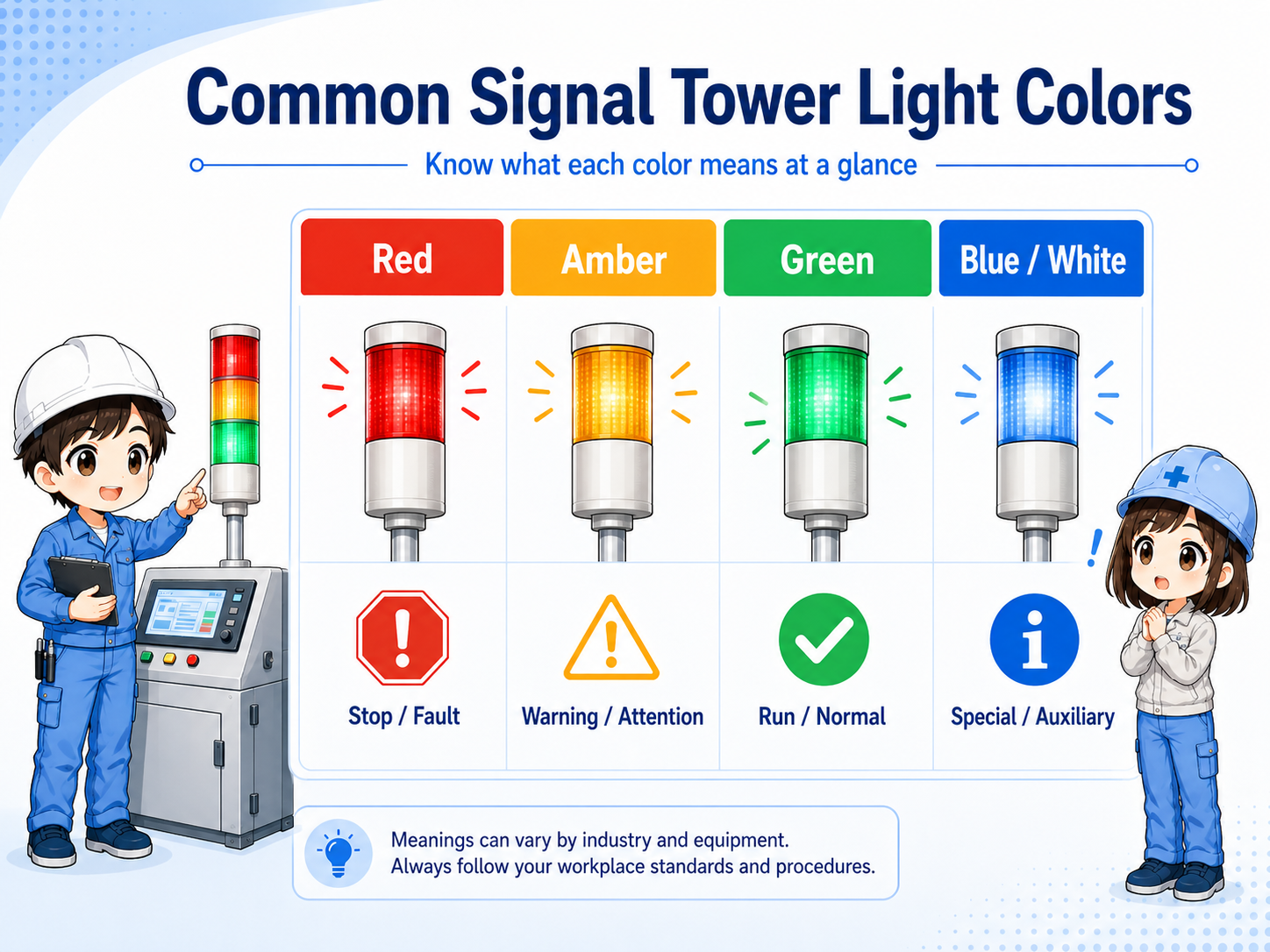 Common signal tower light colors such as red amber green blue and white with typical machine status meanings