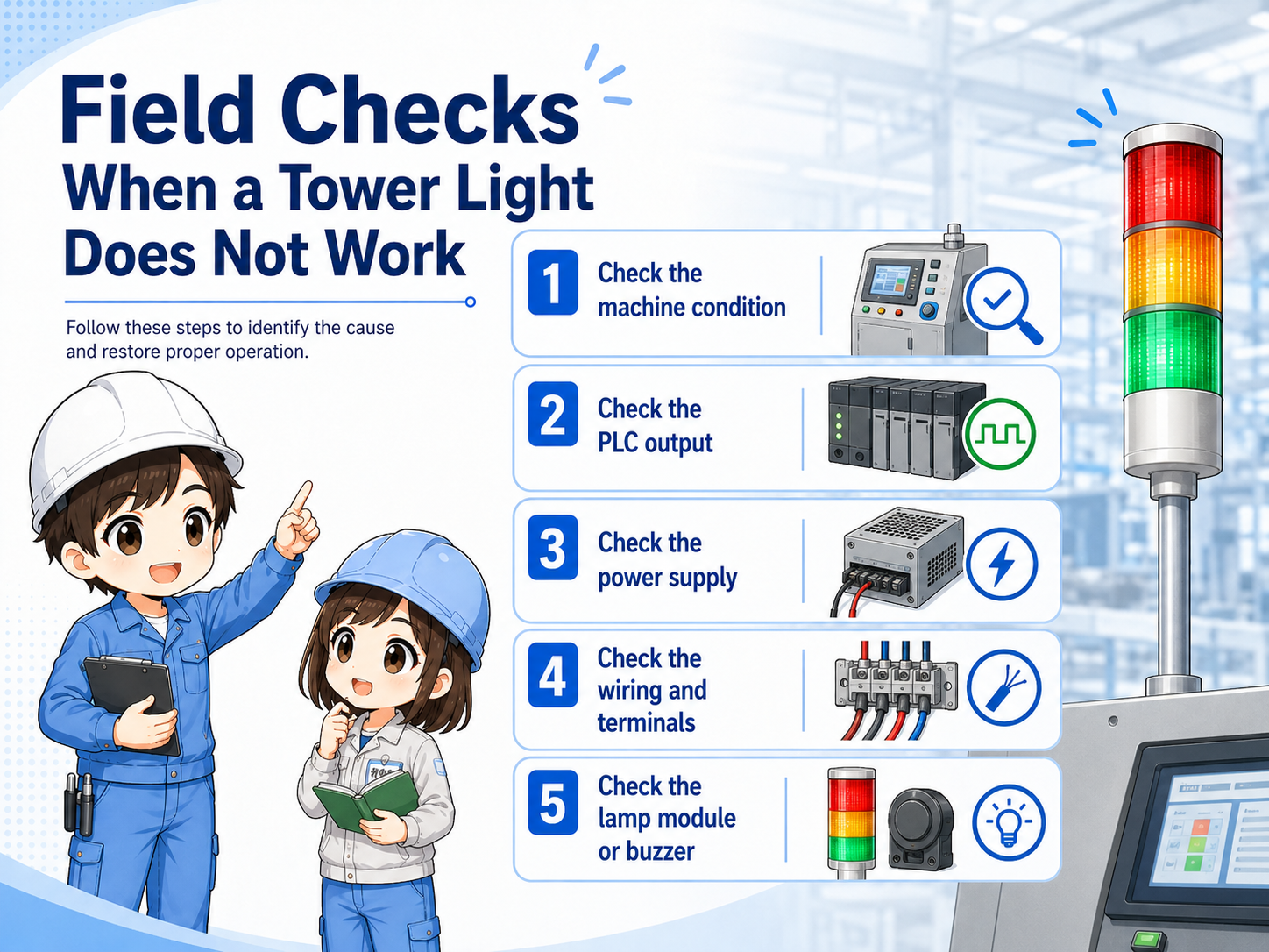 Field check flow for signal tower lights including machine condition PLC output voltage terminal wiring and tower light module