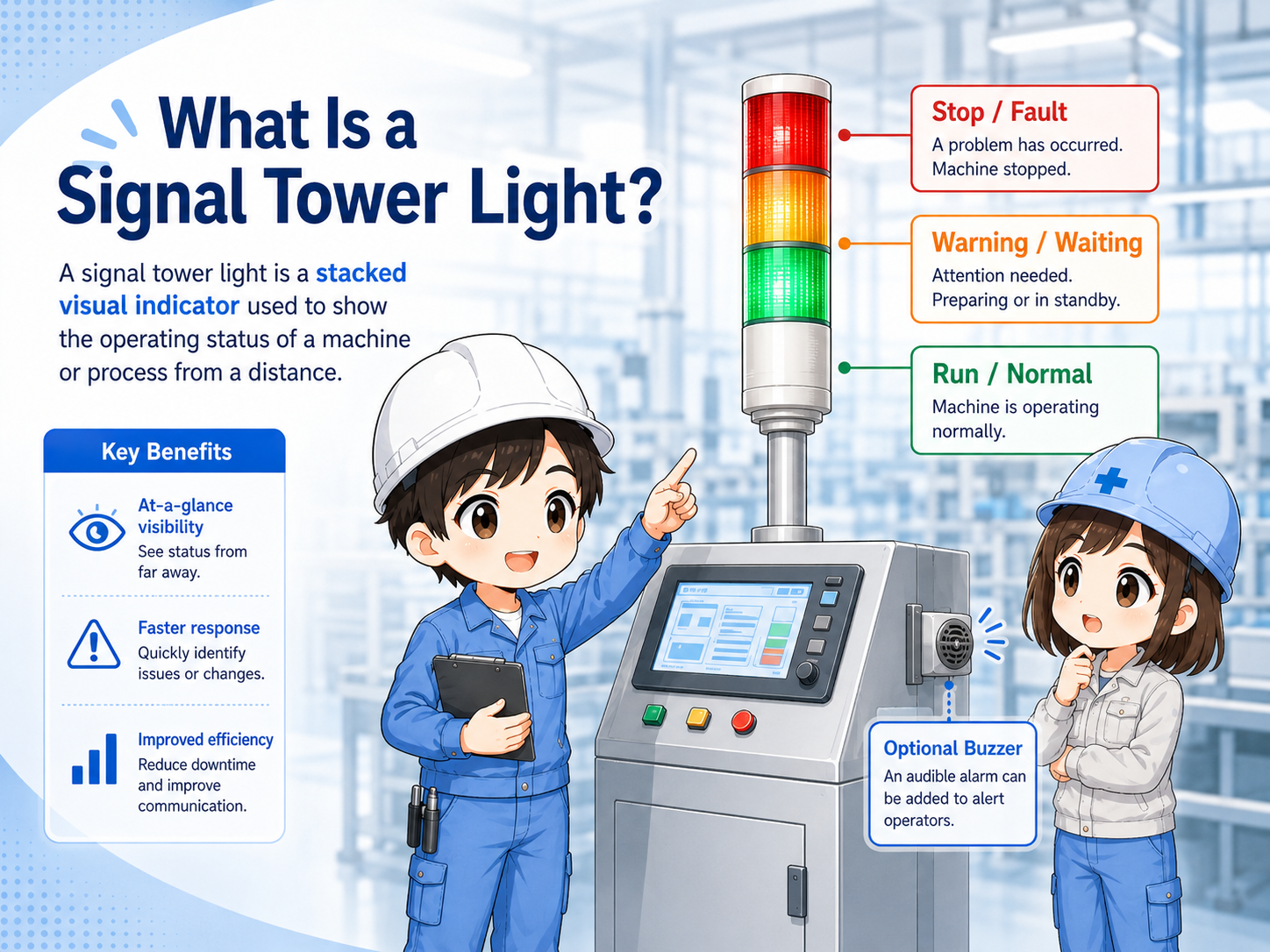 Overview of a signal tower light showing machine status with stacked red amber and green lights