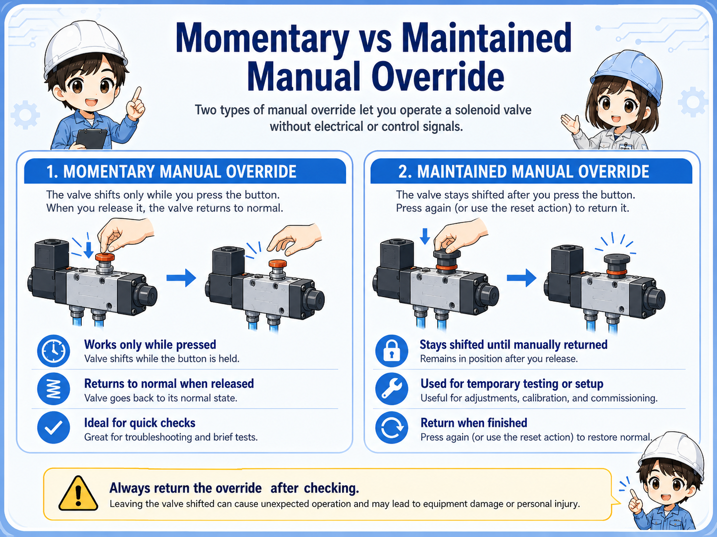 Comparison of momentary and locking manual override types on a solenoid valve