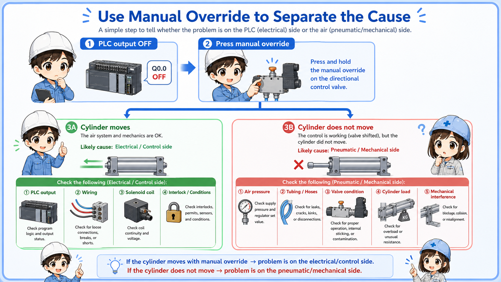 Diagram showing manual override used to separate PLC output issues from pneumatic valve issues