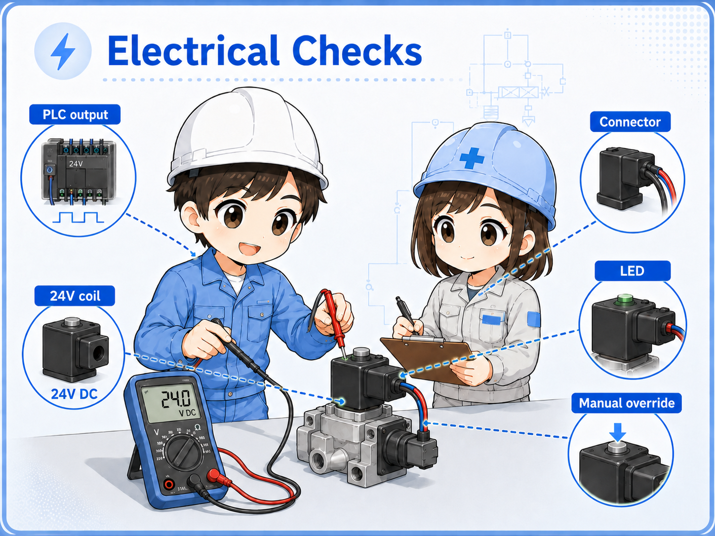 Electrical check points for solenoid valve troubleshooting including PLC output, DC24V power, connector, and coil