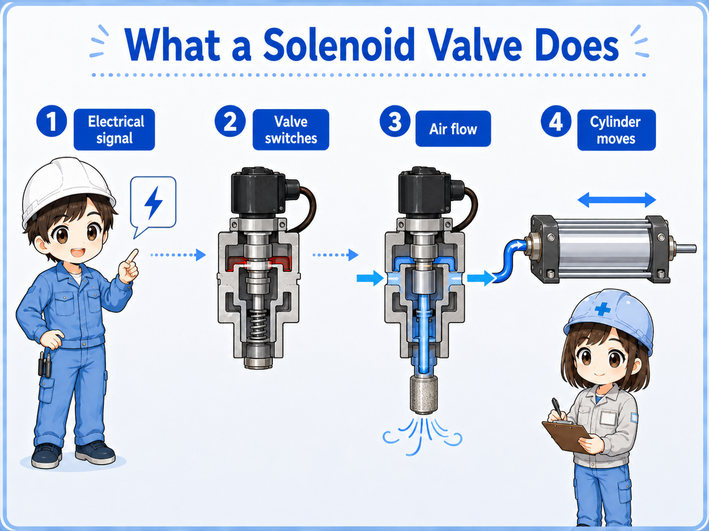 Overview of solenoid valve troubleshooting points including PLC output, coil, air pressure, and actuator side