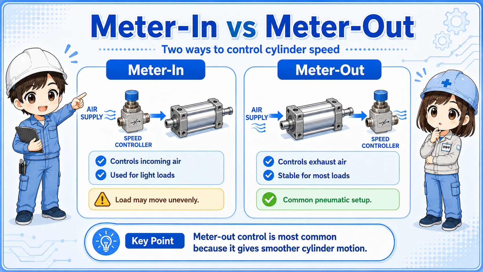 Comparison of meter-out and meter-in pneumatic speed control for an air cylinder