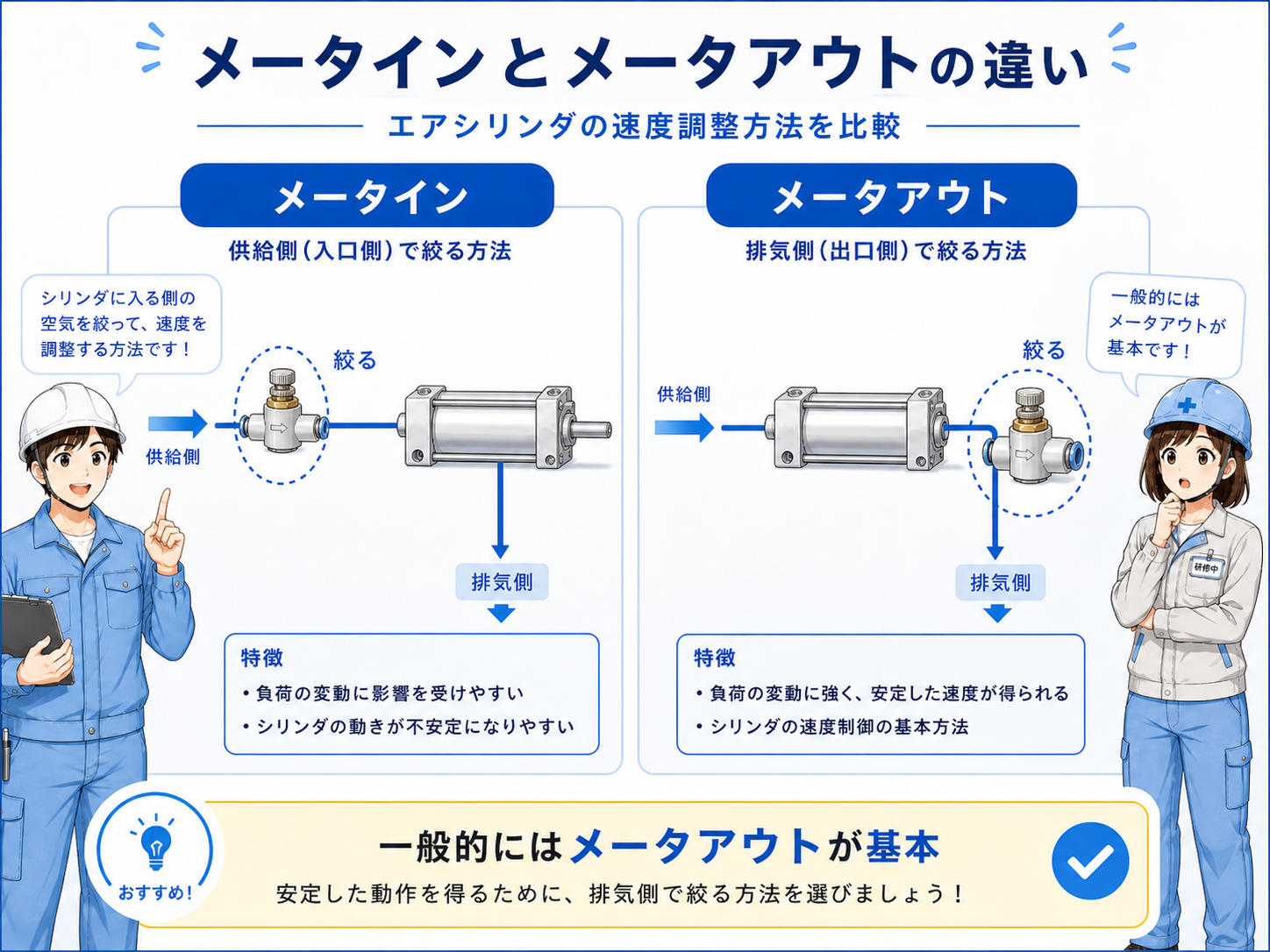 エアシリンダが速すぎる場合と遅すぎる場合の違いを比較した図