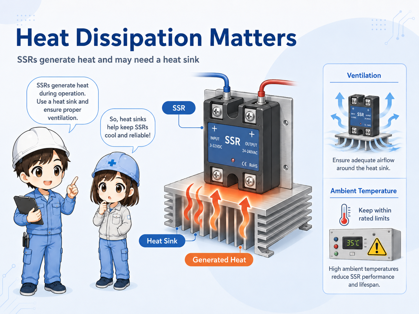 SSR heat dissipation with heat sink, panel ventilation, and derating checks